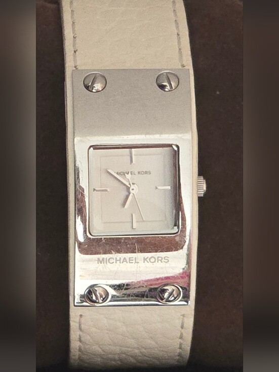 Michael Kors White Leather Cuff Watch Silver Tone with Original Box